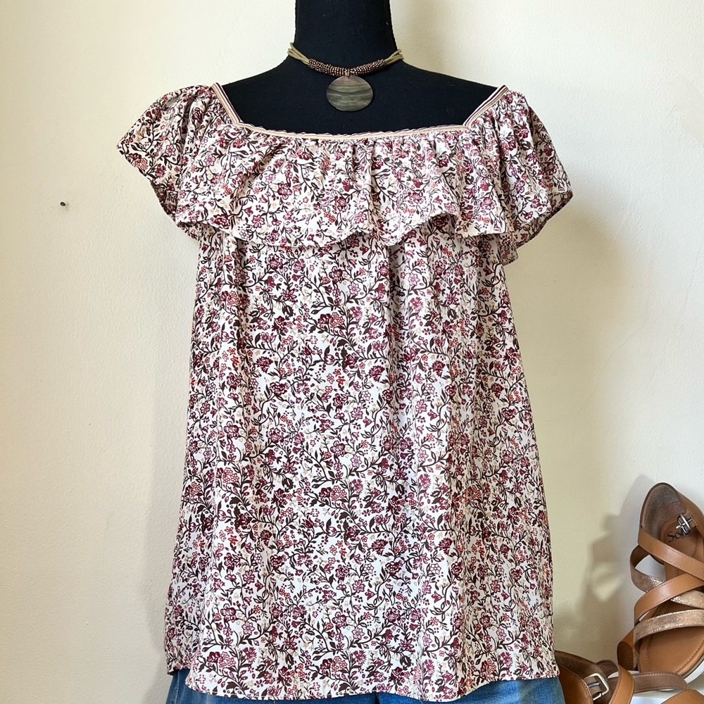 Floral Earth Tone Flowy Top, Over the Shoulder Sleeve